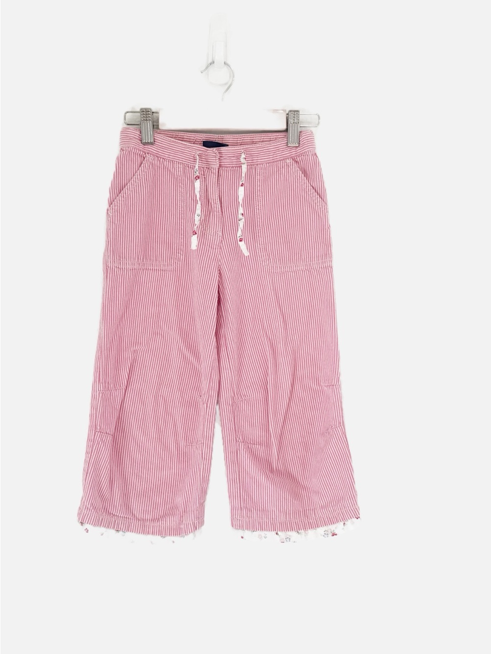 Mini Boden Girls Pink Stripe Cropped Pants Floral Trim 100% Cotton Size 7-8Y